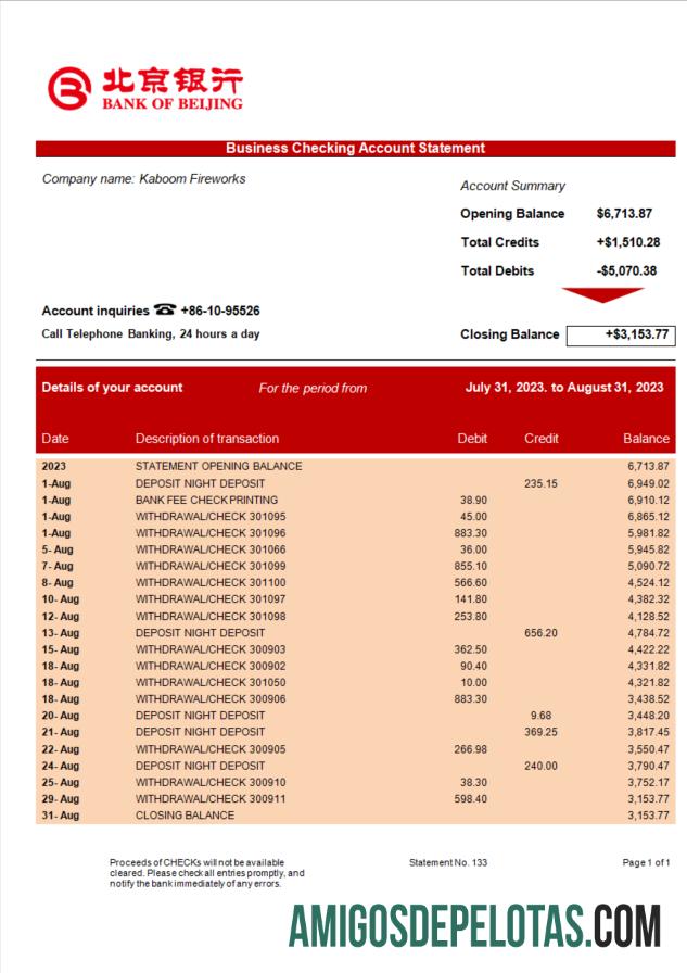 Realista Bank Of Beijing Firm Statement Modelo Word e PDF